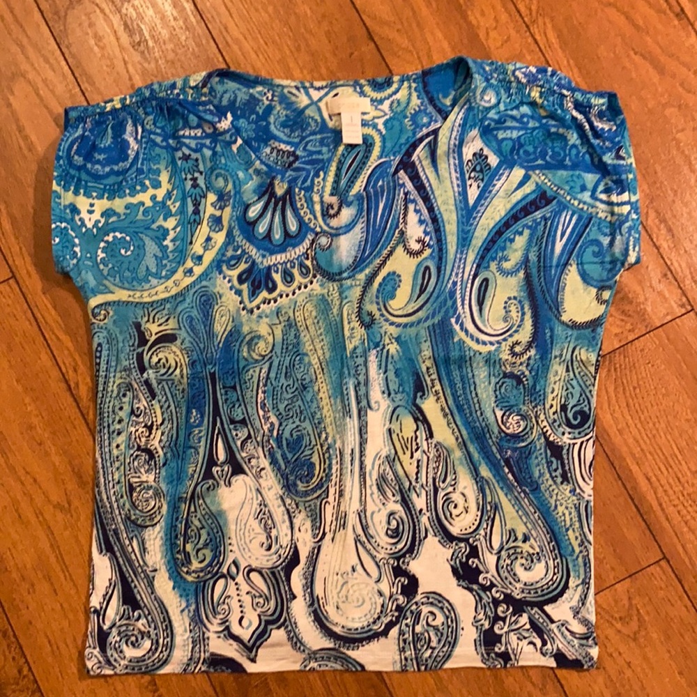 Chico's Blue & Green Cap Sleeve Tee Shirt